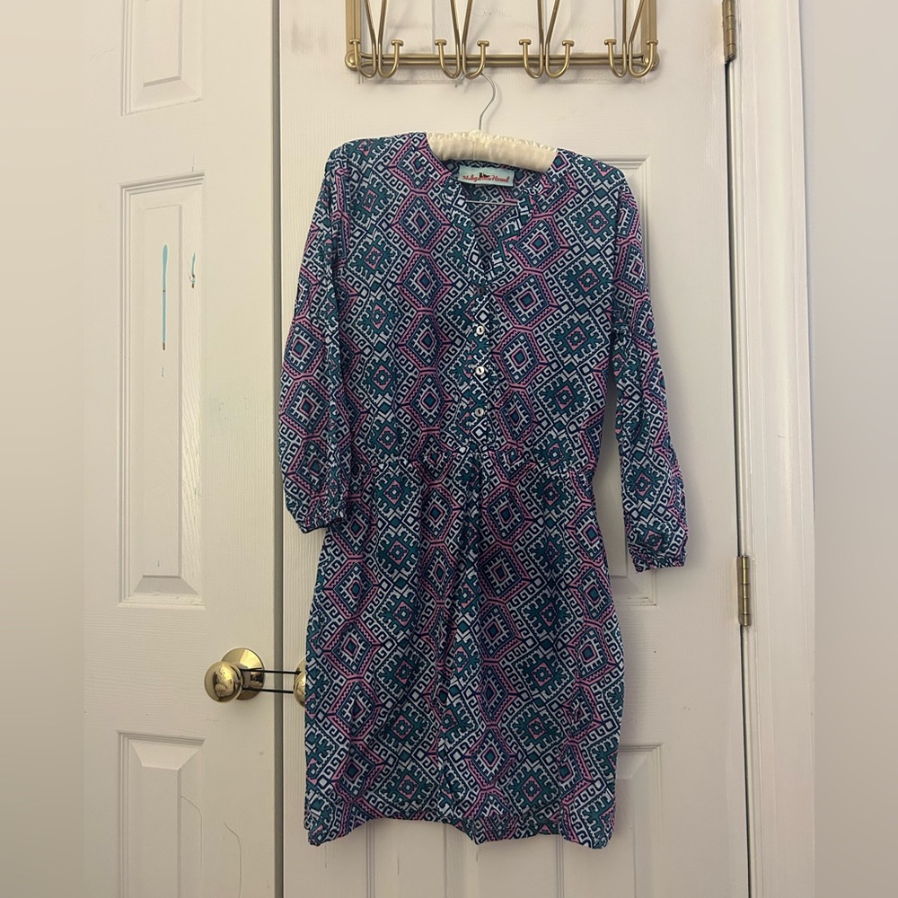 Geometric Patterned Blue and Pink Dress